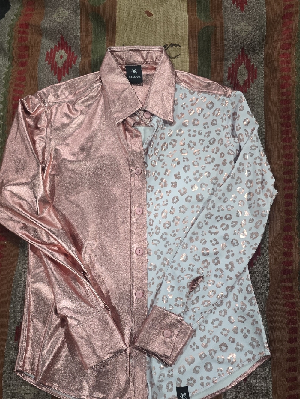 IF Branded  Metallic Rose Gold Button-Down Shirt with Leopard Print Sleeve